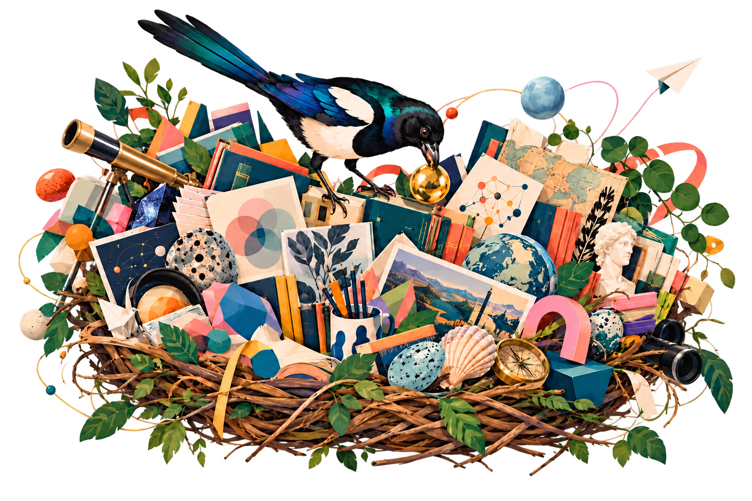 A curious magpie rummaging through a nest full of books, maps and shiny objects